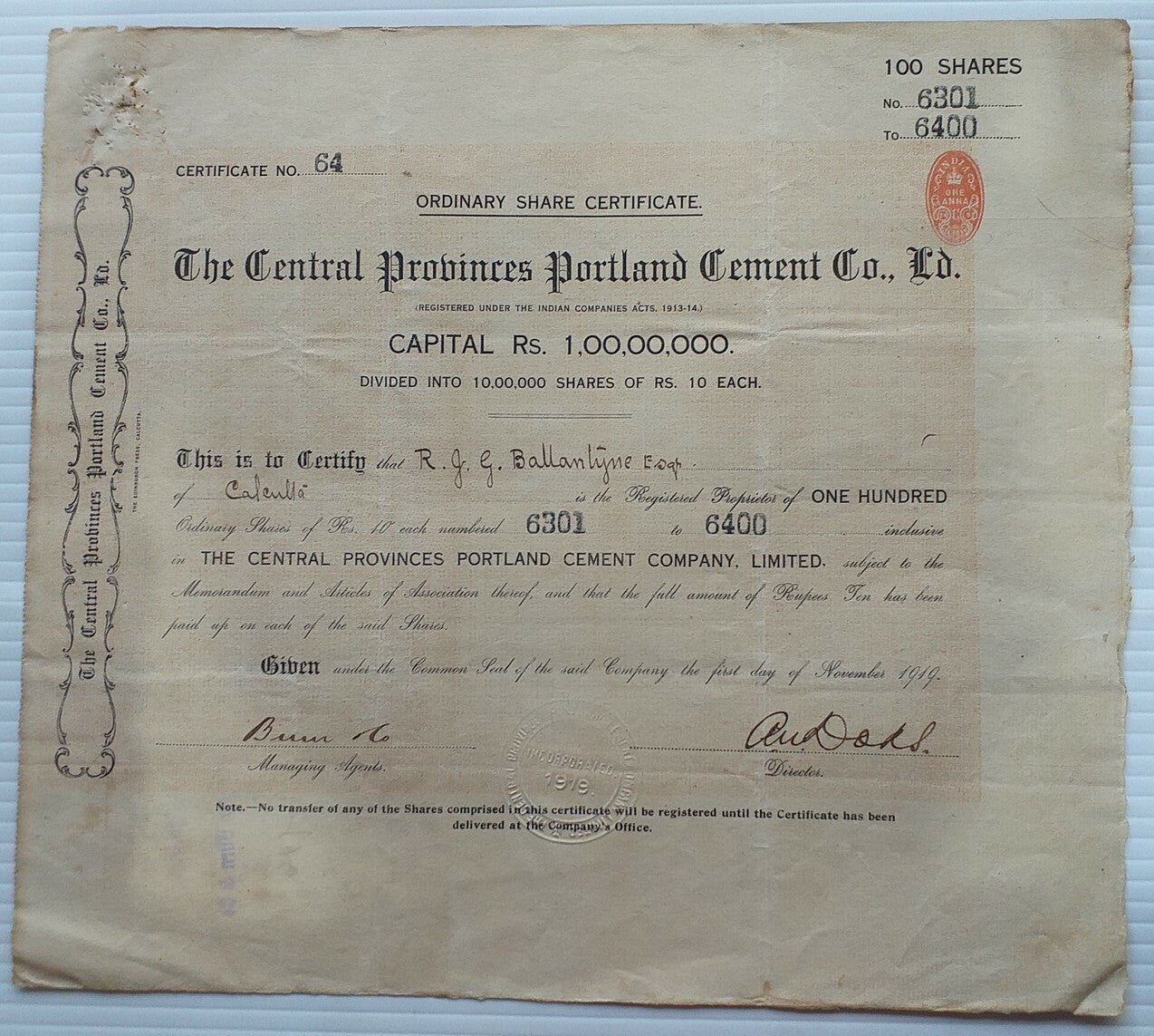 India THE CENTRAL PROVINCES PORTLAND CEMENT 1919 share certificate Ӝ zaz
