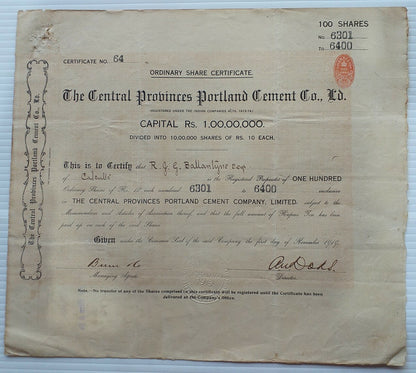 India THE CENTRAL PROVINCES PORTLAND CEMENT 1919 share certificate Ӝ zaz