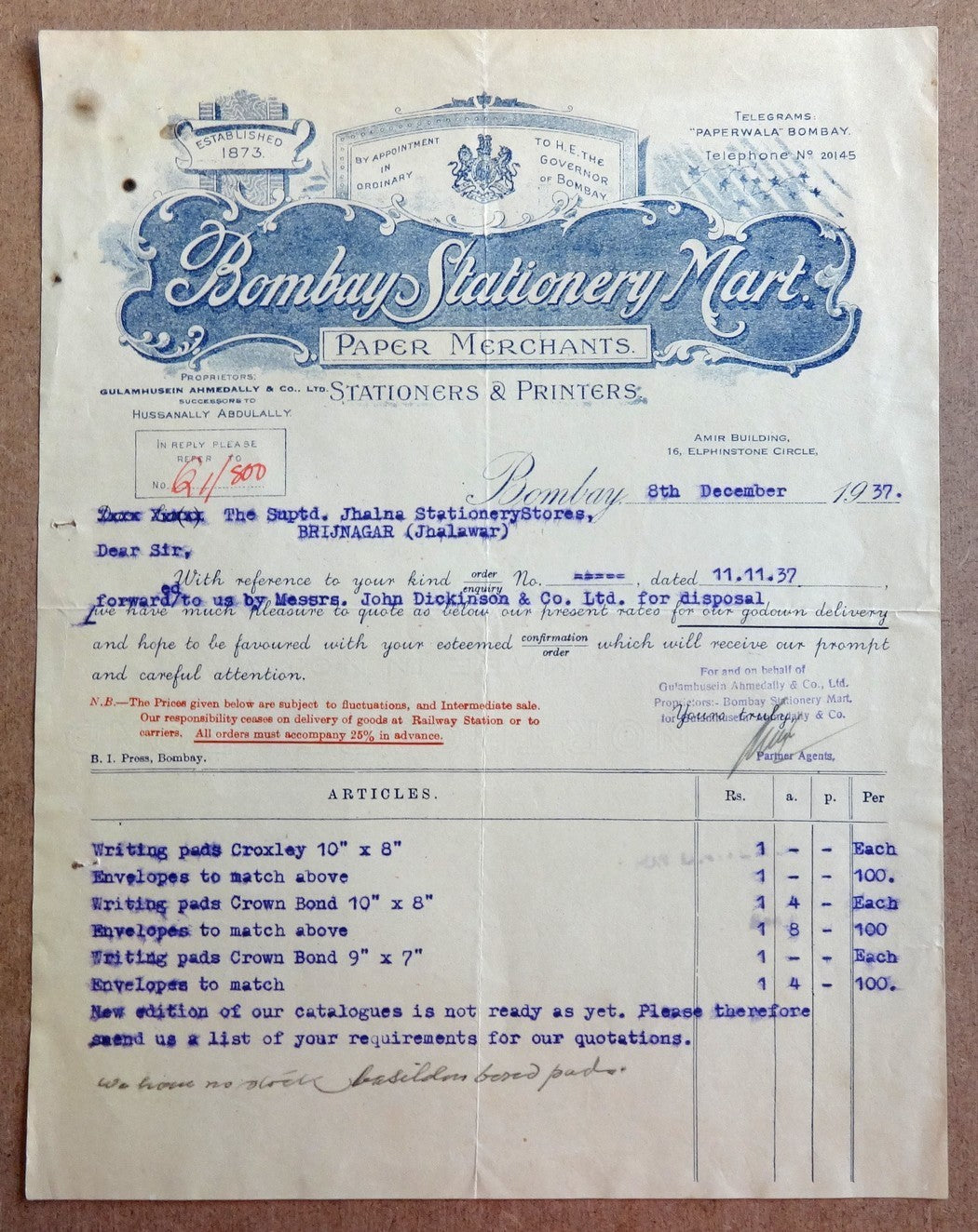 India 1937 Bombay Stationary Mart paper merchant Bombay Billhead