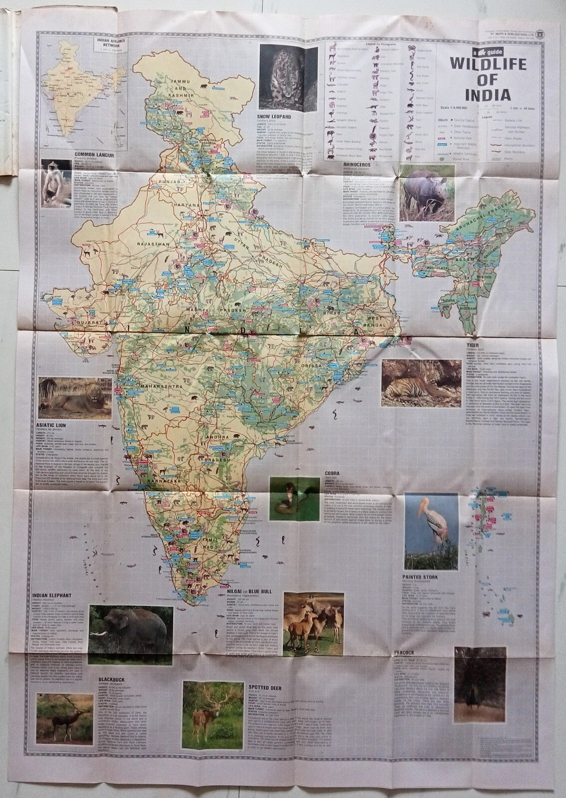 AOP India Guide To India WILDLIFE 1991 with multi colour illustrated map