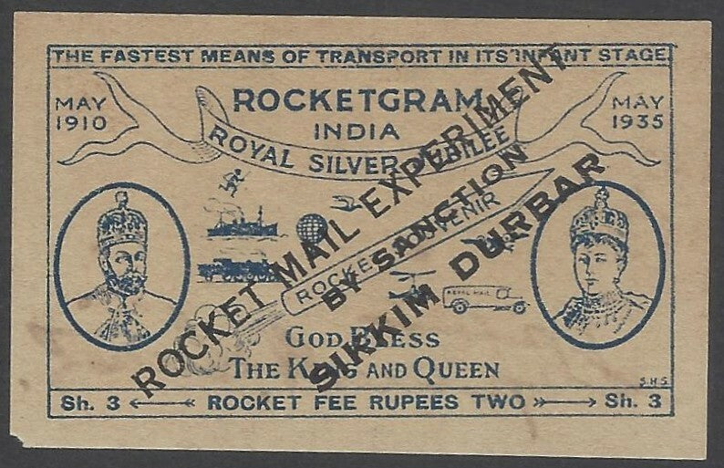 AOP India Sikkim Durbar 1935 Silver Jubilee Rocket Mail Experiment label signed