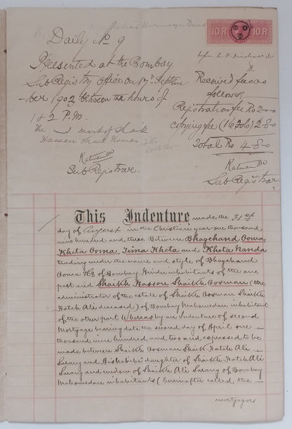 AOP India QV Queen Victoria 1868 Special Adhesive 10R on 1903 indenture 3 pgs