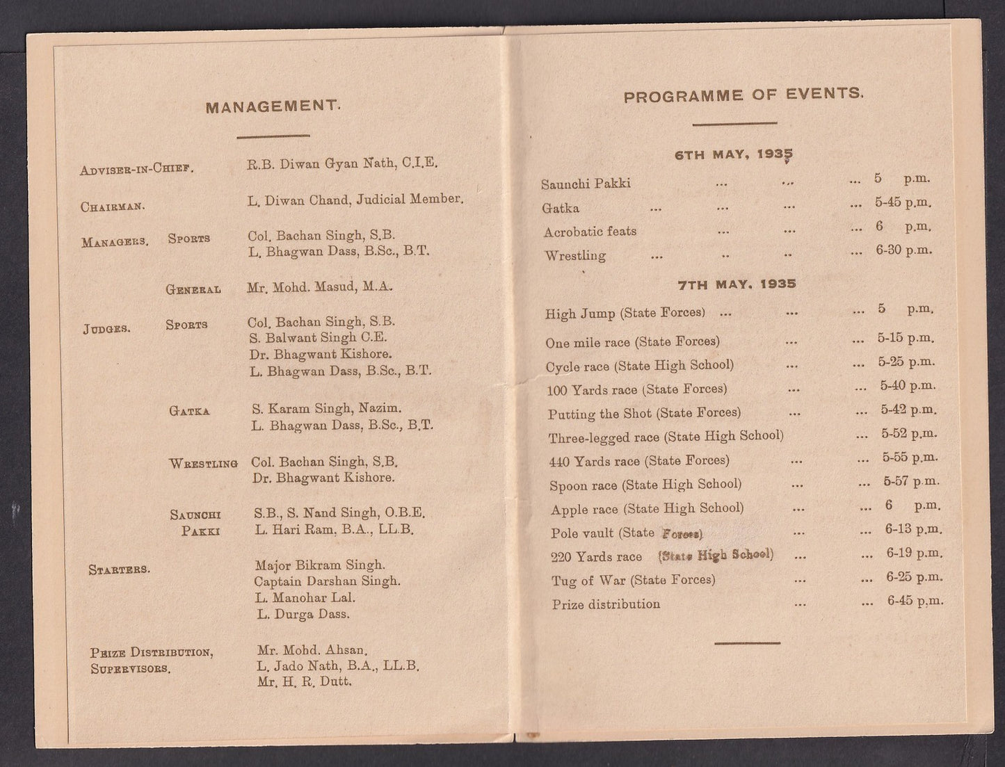 India 1935 Their Majesty's Silver Jubilee - People's Mela - Programme of Sports