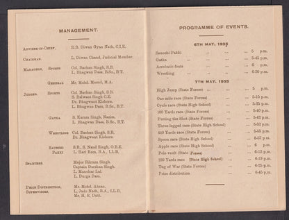 India 1935 Their Majesty's Silver Jubilee - People's Mela - Programme of Sports