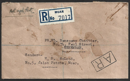 Malaya Johore 1959 registered AR cover to India with Muar boxed AR. Proud AR4