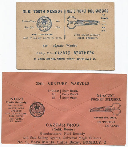 India 1930s adverizements for Scissors & 786 Tooth Cure on envelopes & cards x 4