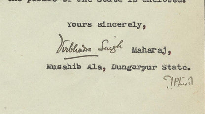 (AOP) India DUNGARPUR STATE 1940 letter signed Musahib Ala Virbhadra Singh
