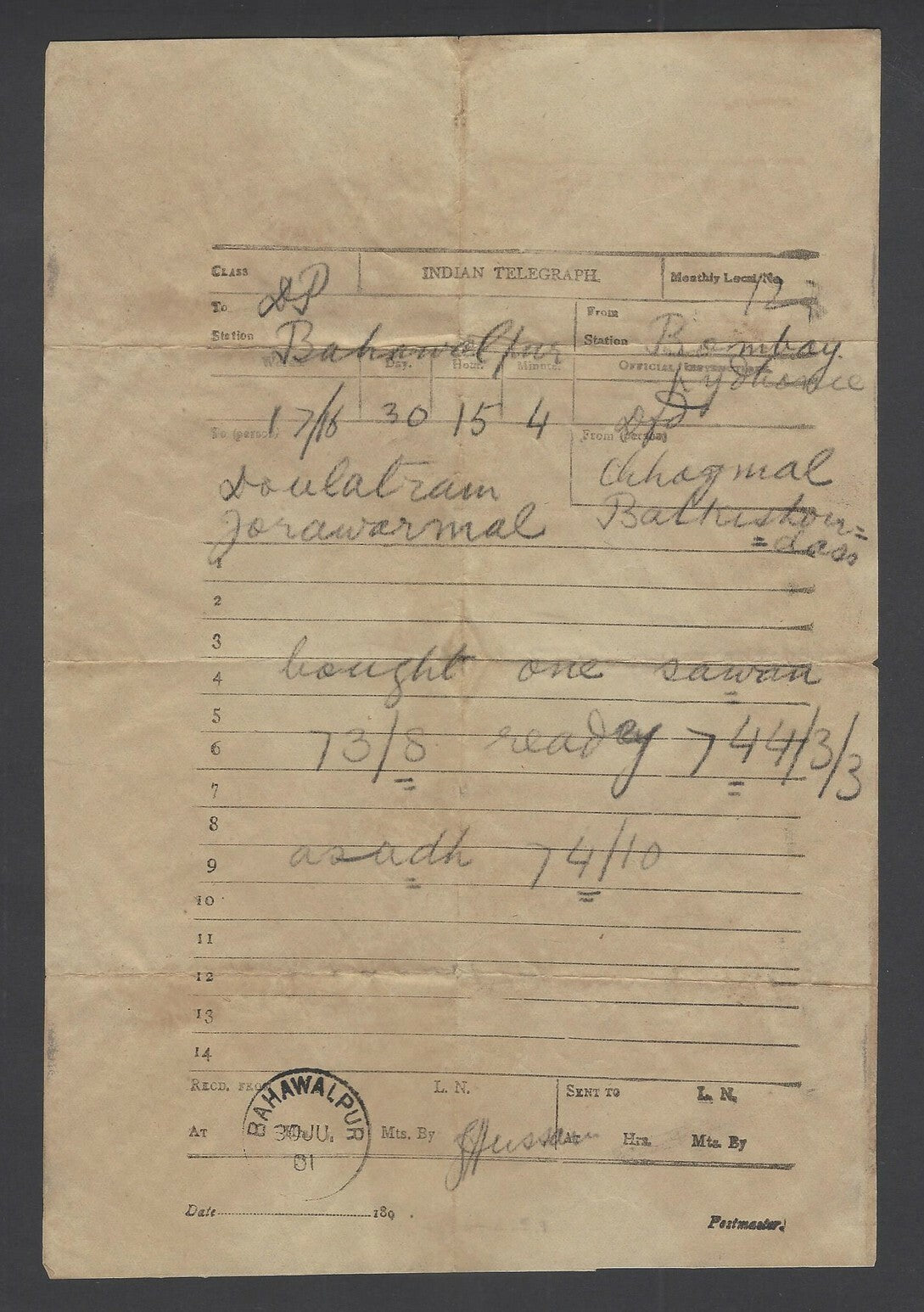India 1901 telegram cancelled sc BAHAWALPUR