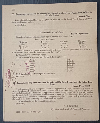 India 1929 POSTAL NOTICES + CIRCULAR Parcel Post to Libya, etc.