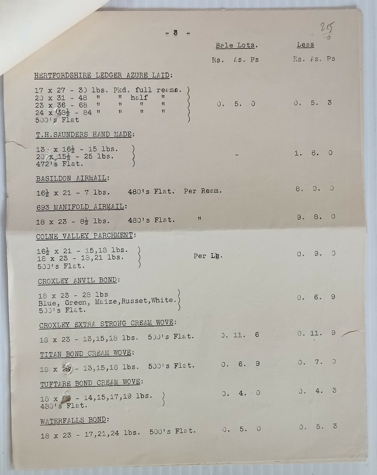 AOP 1938 India John Dickinson & Co. Bombay Paper Stock & Price List