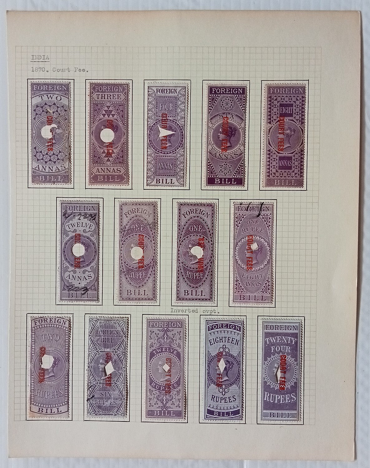 AOP India QV 1870-72 COURT FEE red ovpt on Foreign Bill complete set incl. error