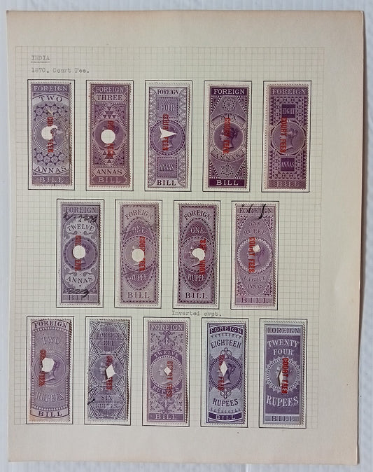 AOP India QV 1870-72 COURT FEE red ovpt on Foreign Bill complete set incl. error