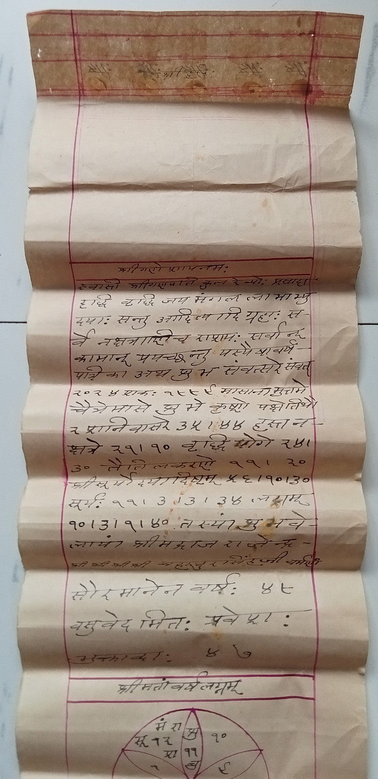 India vintage hand drawn handwritten Hindu horoscope scroll 7 x 74 inches