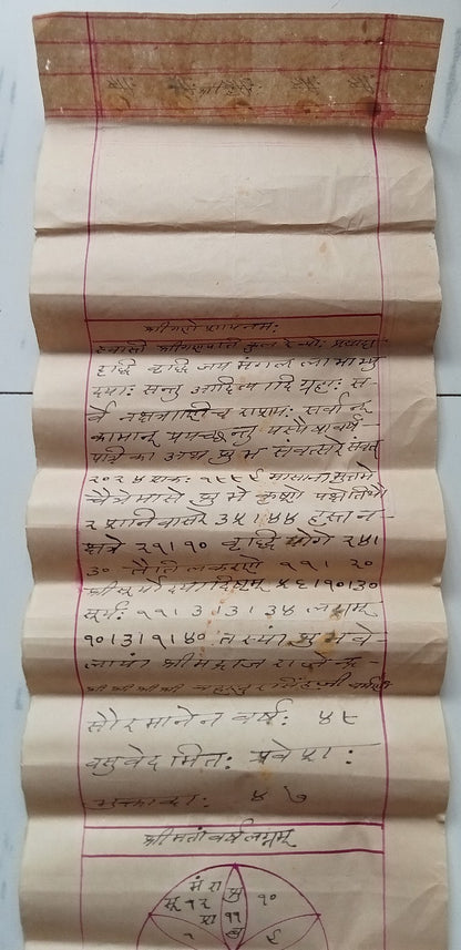 India vintage hand drawn handwritten Hindu horoscope scroll 7 x 74 inches