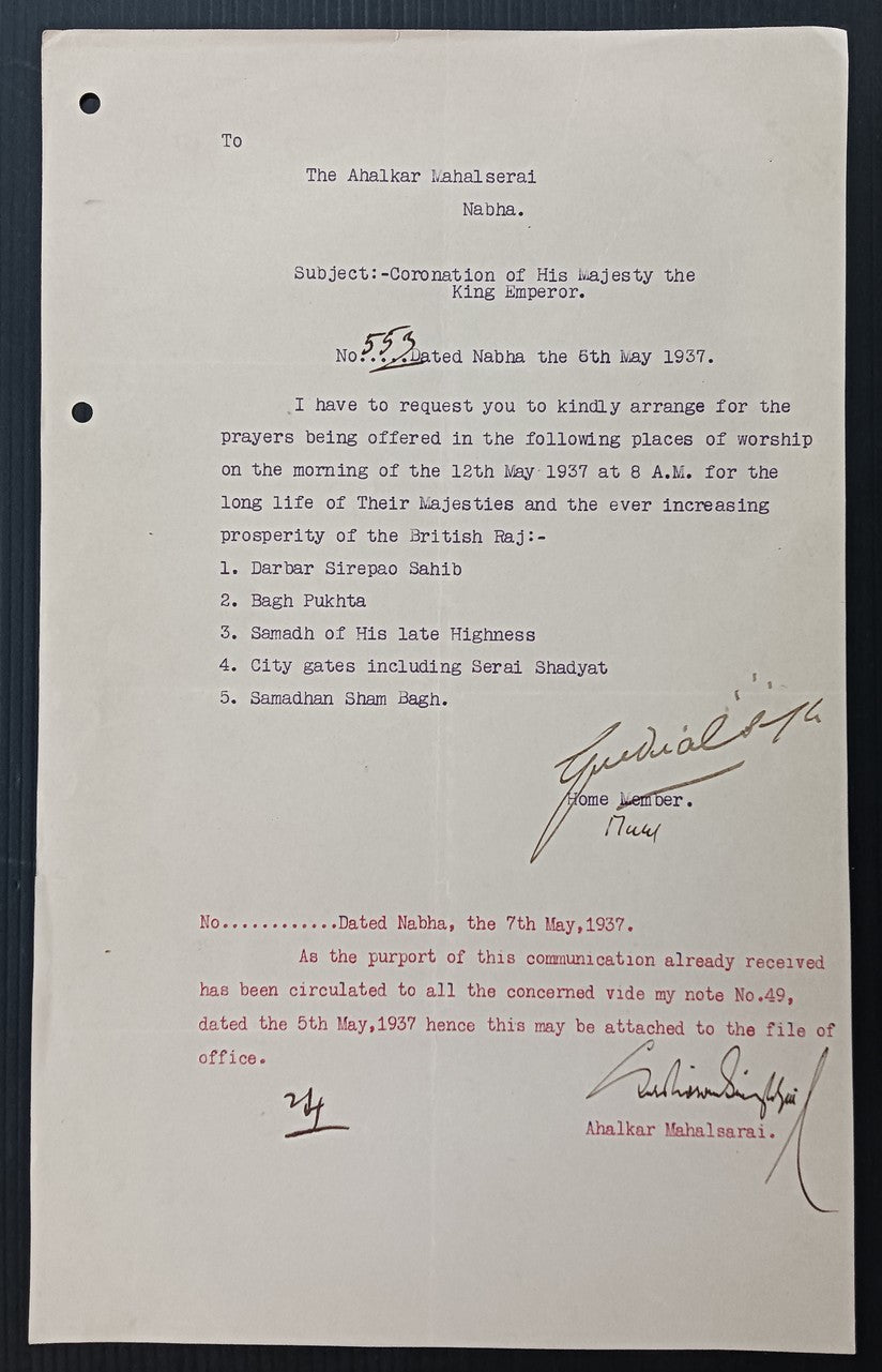 India 1937 Coronation of King Emperor George VI Order for prayers in Gurdwara