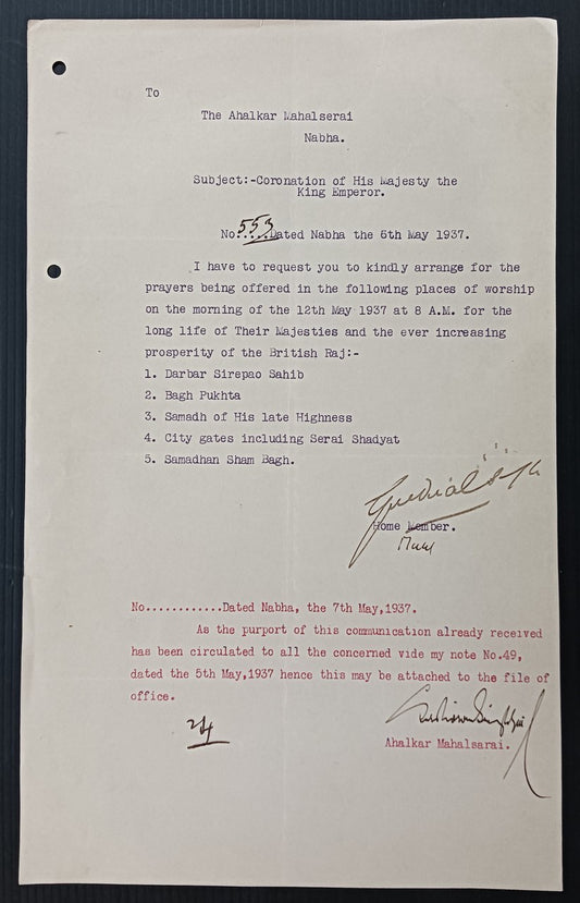 India 1937 Coronation of King Emperor George VI Order for prayers in Gurdwara