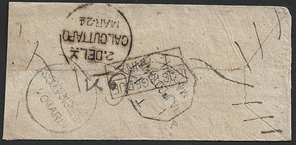 India 1870s stampless cover with octagonal T/I 1/RAJPOOTANA/MAR 21, P DUE, etc