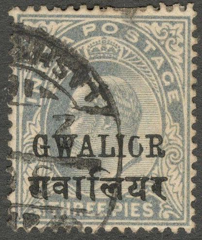 AOP India Gwalior 1903-11 KEdVII 3p pale grey TALL R variety used SG 46Ae £85