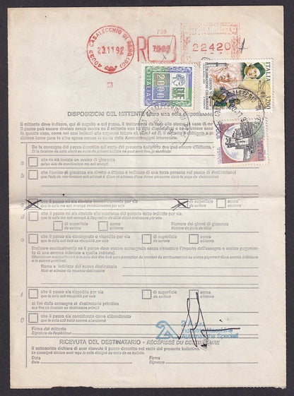 Italy red Citis/TAE/EMS “PT3” meter 22420 Lire on 1992 parcel card to India