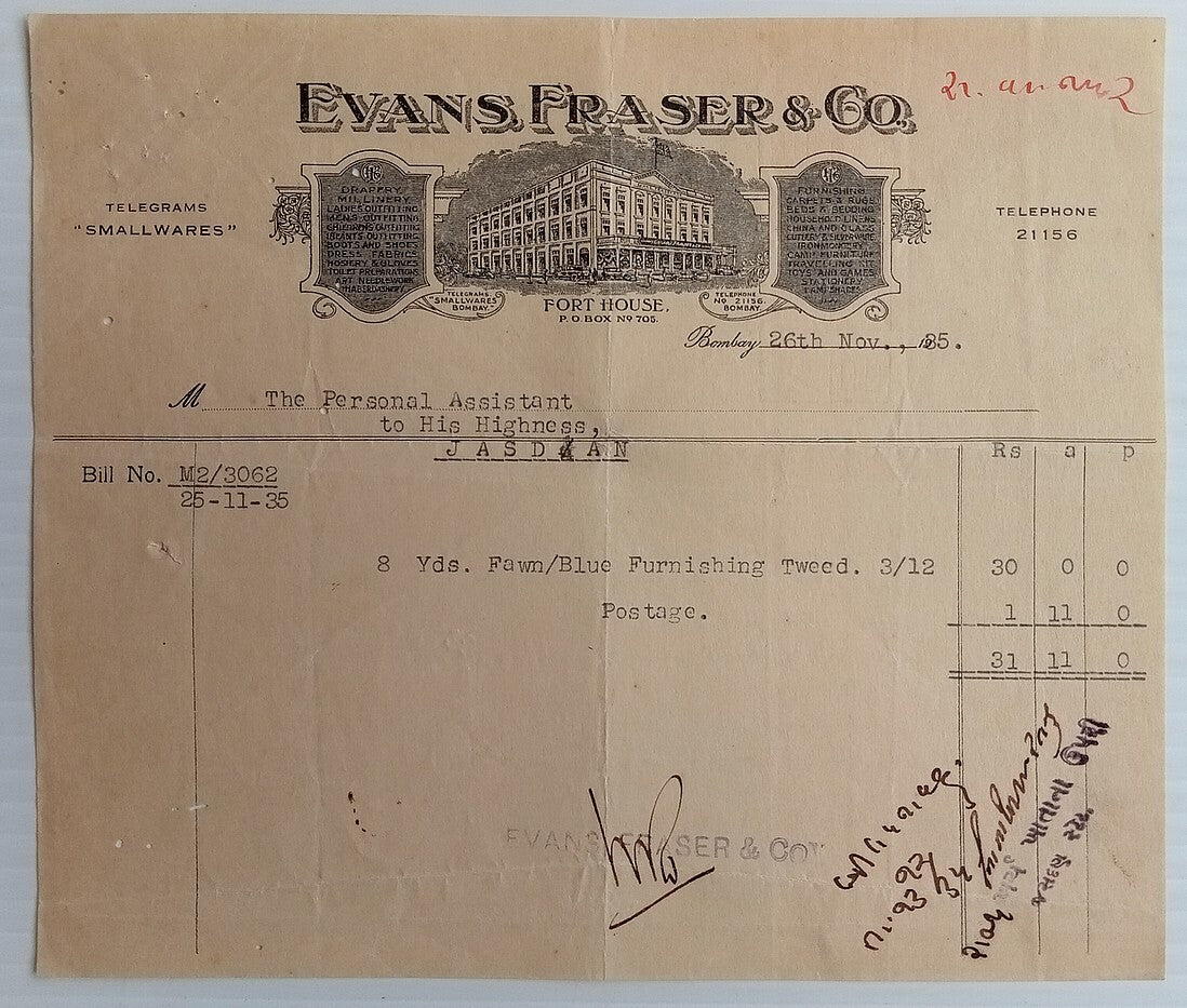 AOP India 1935 illustrated billhead EVANS FRASER & CO DEPARTMENTAL STORE Bombay