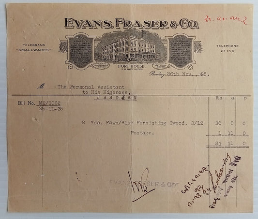 AOP India 1935 illustrated billhead EVANS FRASER & CO DEPARTMENTAL STORE Bombay