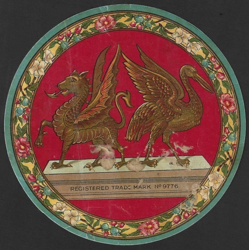 India vintage textile litho label GRIFFINS and PROTOCERATOPS