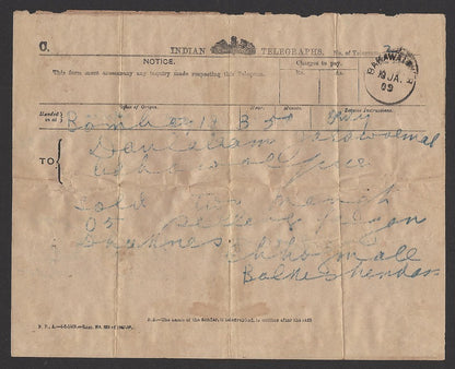 India 1901 telegram cancelled sc BAHAWALPUR