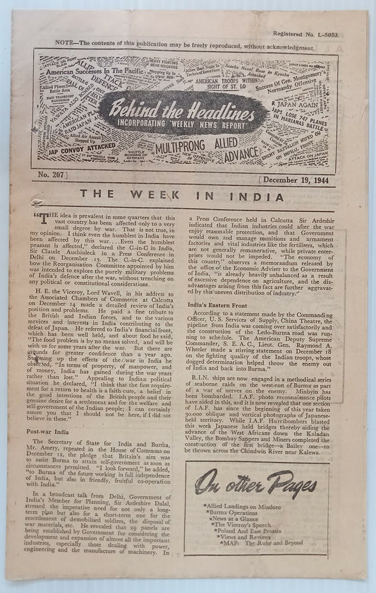 India 1944 WW2 Propaganda rag BEHIND THE HEADLINES THE FUTURE OF INDONESIA 8pgs