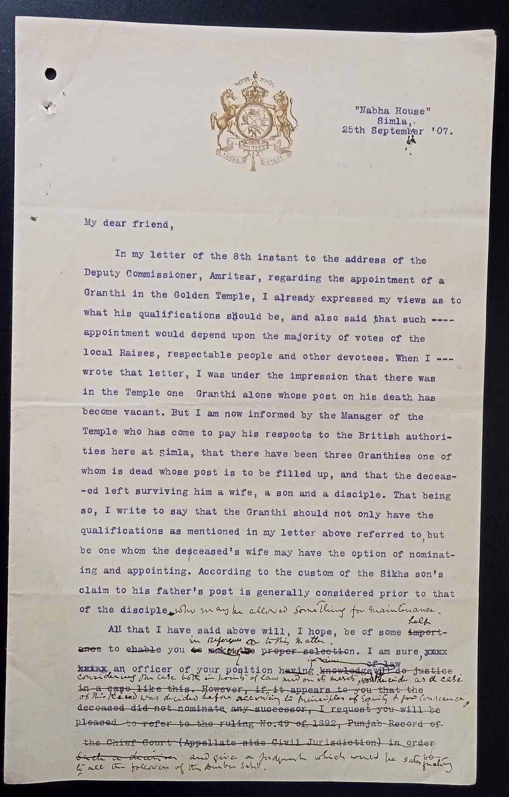 India 1907 crested letter RAJA OF NABHA about a Granthi for Golden Temple