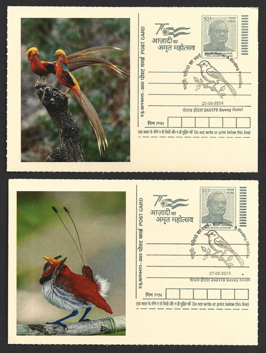 India 2024 Birding Paradise Savoy Hotel postmarks on cards LONG TAILED BIRDS (6)