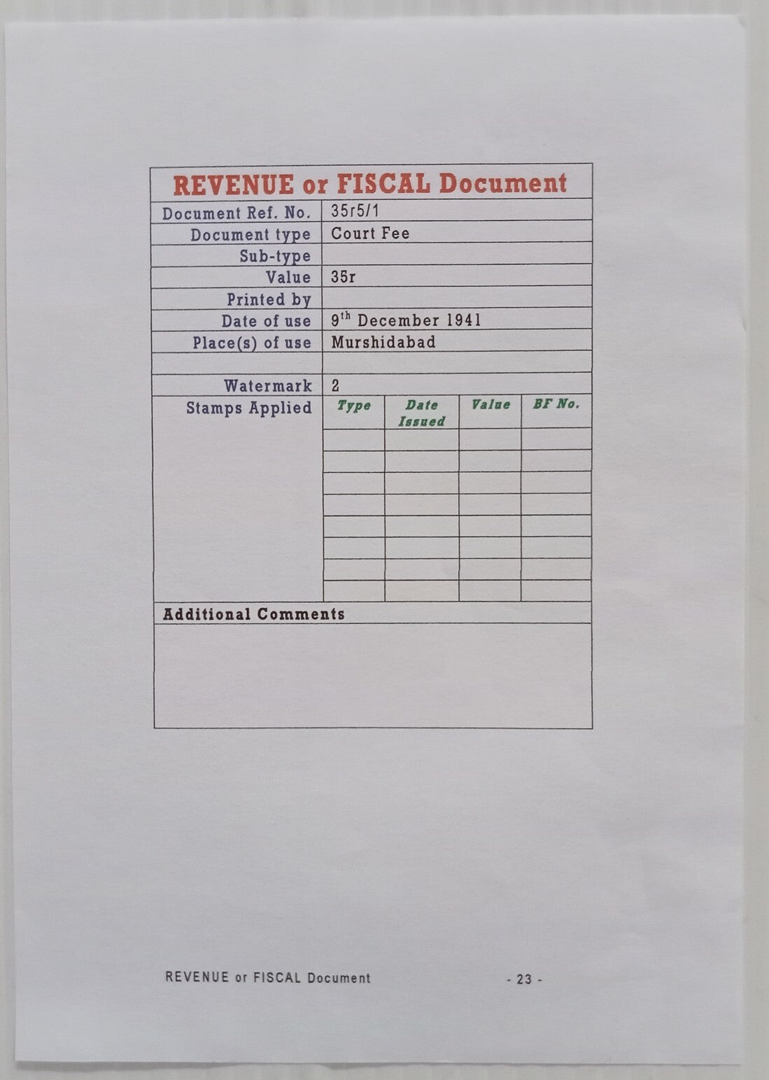 AOP India KGV 35R stamp paper
