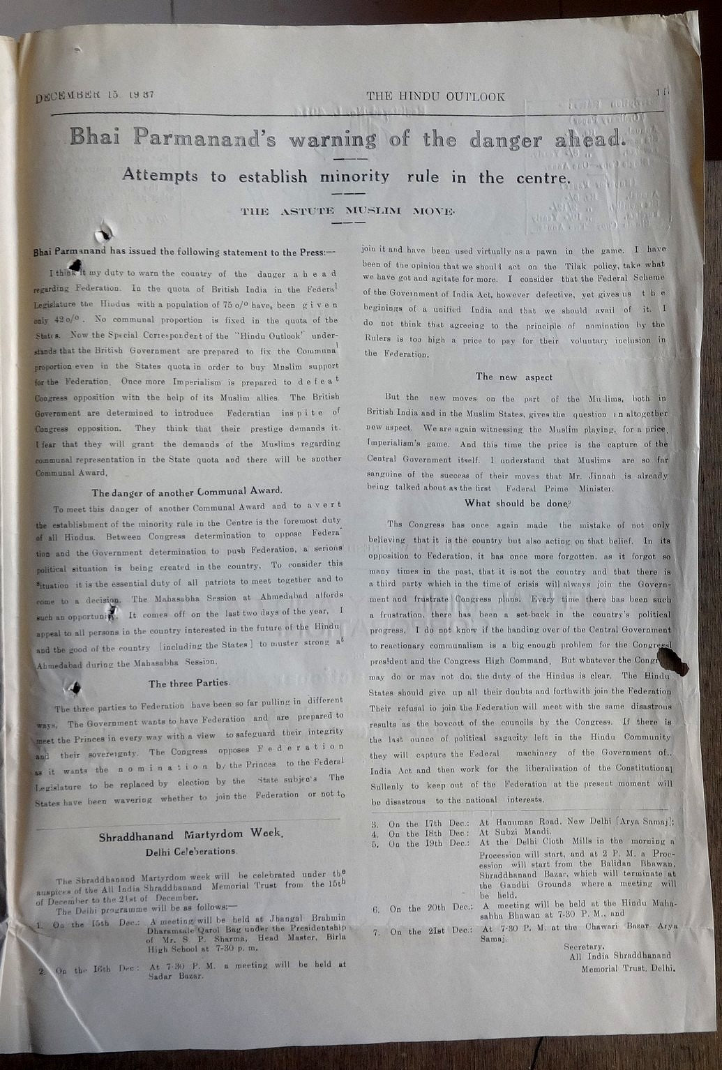 The Hindu Outlook weekly newpaper of the Hindu Mahasabha 1937 India 16pgs