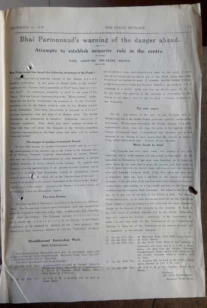 The Hindu Outlook weekly newpaper of the Hindu Mahasabha 1937 India 16pgs