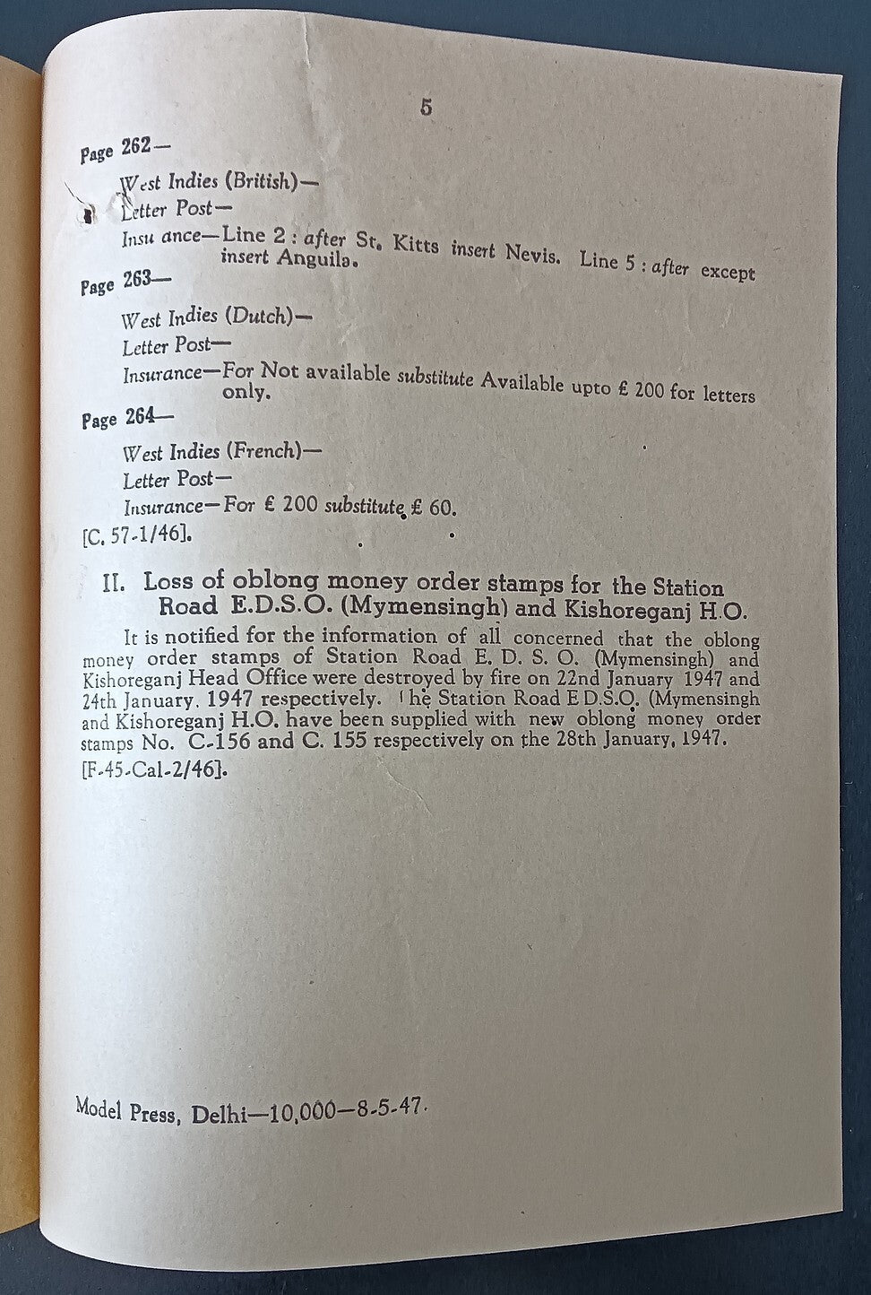 India POSTAL NOTICE No. 8 5th May 1947 Insured Letter Services + CIRCULAR No. 7
