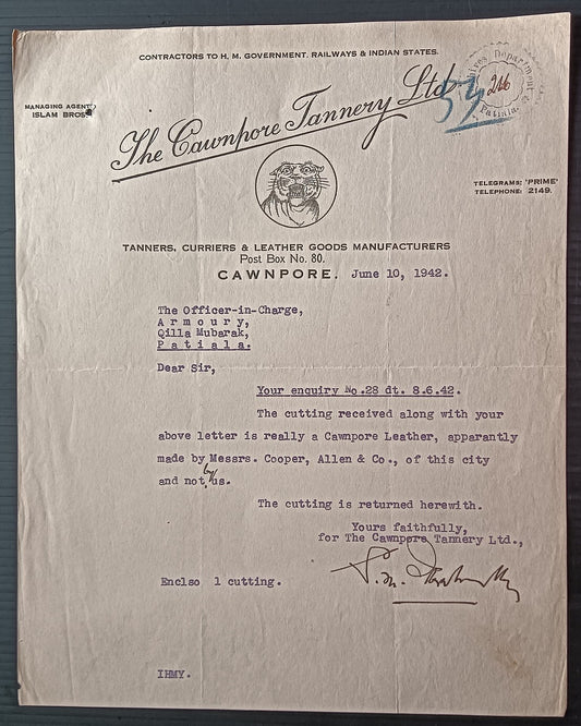 India 1942 illustrated letterhead THE CAWNPORE TANNERY LTD., Cawnpore
