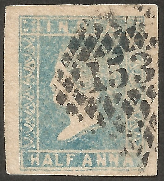 India 1854 1/2a very pale blue watery print Die 1 canc Type 6 153 Trichinopoly
