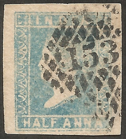 India 1854 1/2a very pale blue watery print Die 1 canc Type 6 153 Trichinopoly
