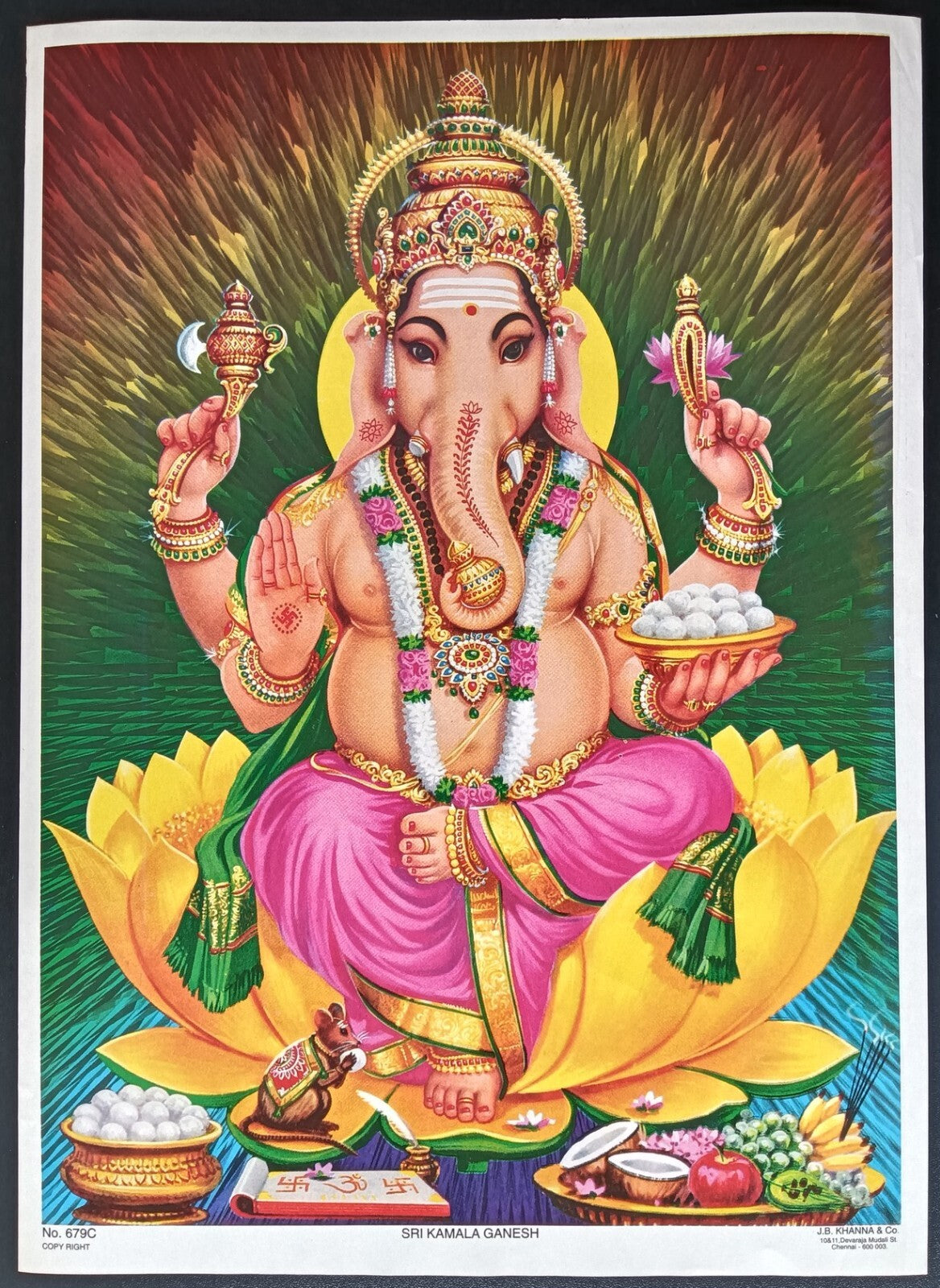 India vintage poster SRI KAMALA GANESH 9.5"x13.5" inches by J.B. Khanna