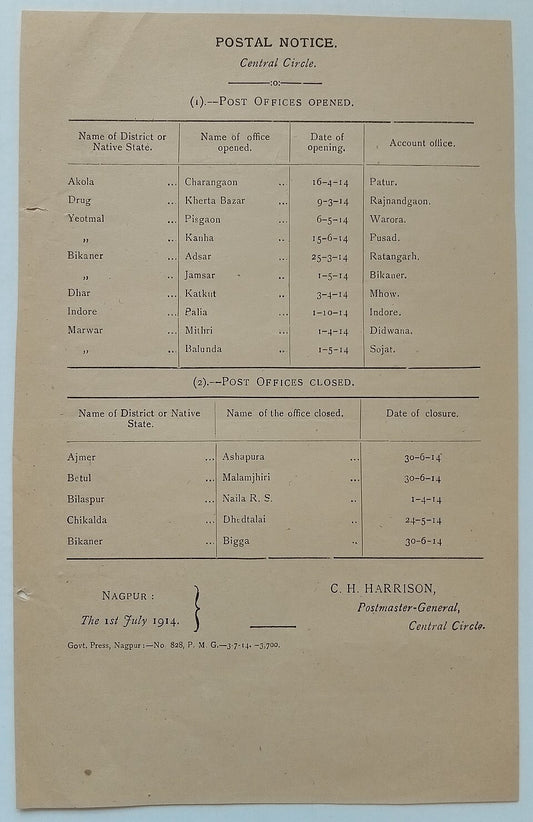 (AOP) India POSTAL NOTICE 1914