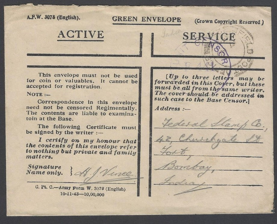 AOP India WW2 1945 Green Envelope used 1944