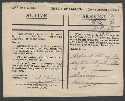 AOP India WW2 1945 Green Envelope used 1944