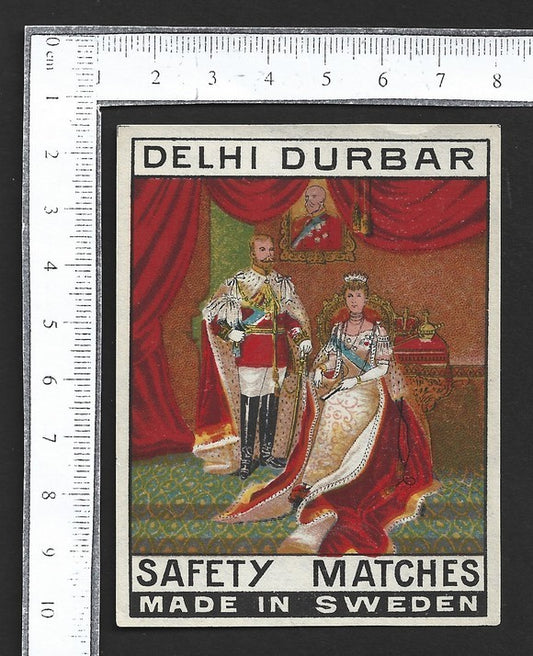 India vintage large matchbox label DELHI DURBAR (KGV & consort)