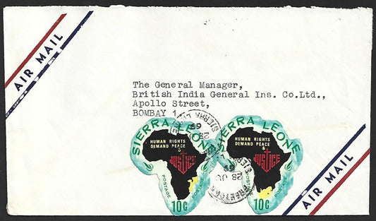 (AOP) Sierra Leone 1969 cover wiith 2 map shaped stamps to India