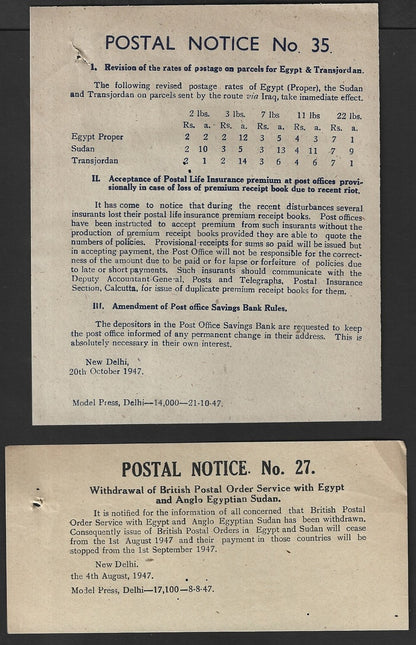 India POSTAL NOTICE #35 20 Oct 1947 Postage rates Egypt & Transjordan + CIRCULAR
