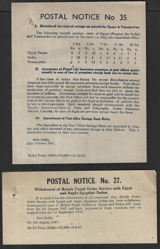 India POSTAL NOTICE #35 20 Oct 1947 Postage rates Egypt & Transjordan + CIRCULAR
