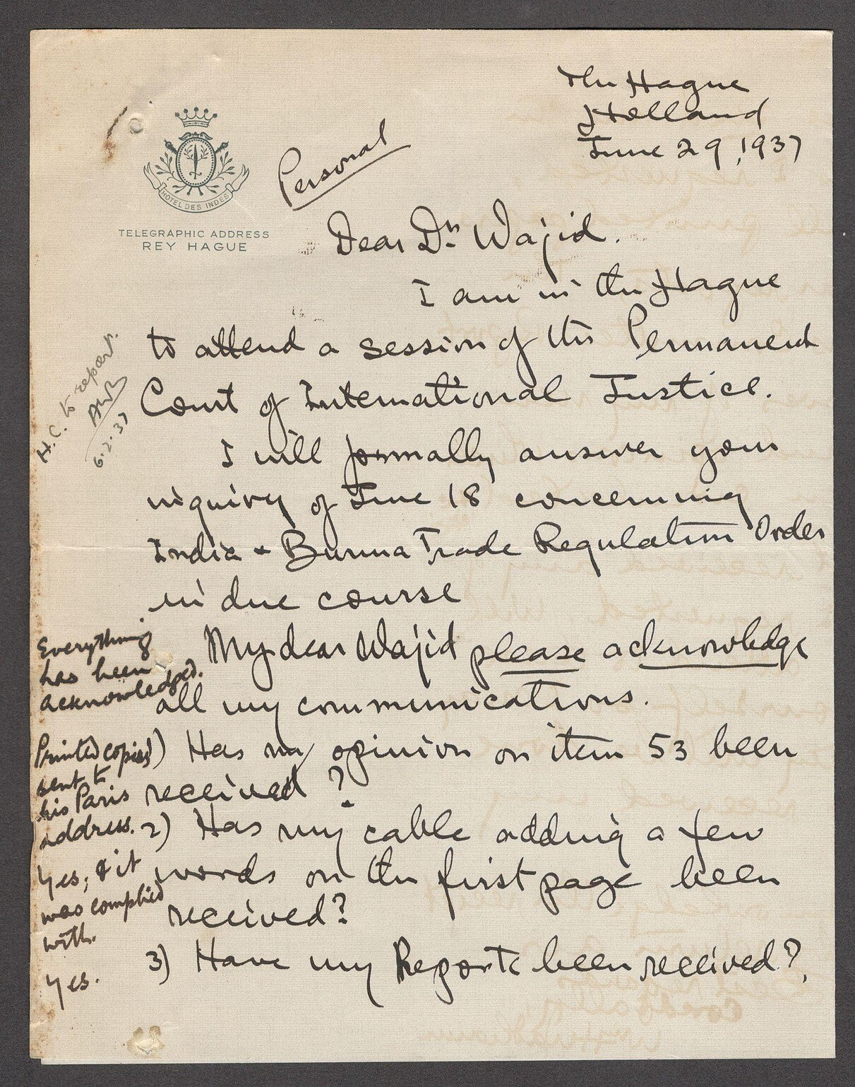 India 1937 crested letter re: Permanent Court of International Justice