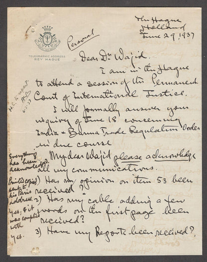 India 1937 crested letter re: Permanent Court of International Justice
