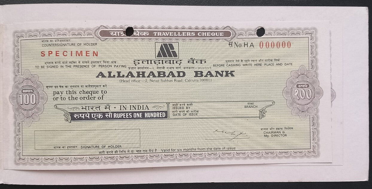 Allahabad Bank, India SPECIMEN travellers checks in folder