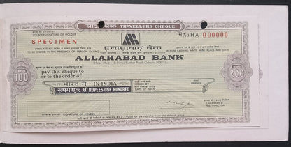 Allahabad Bank, India SPECIMEN travellers checks in folder