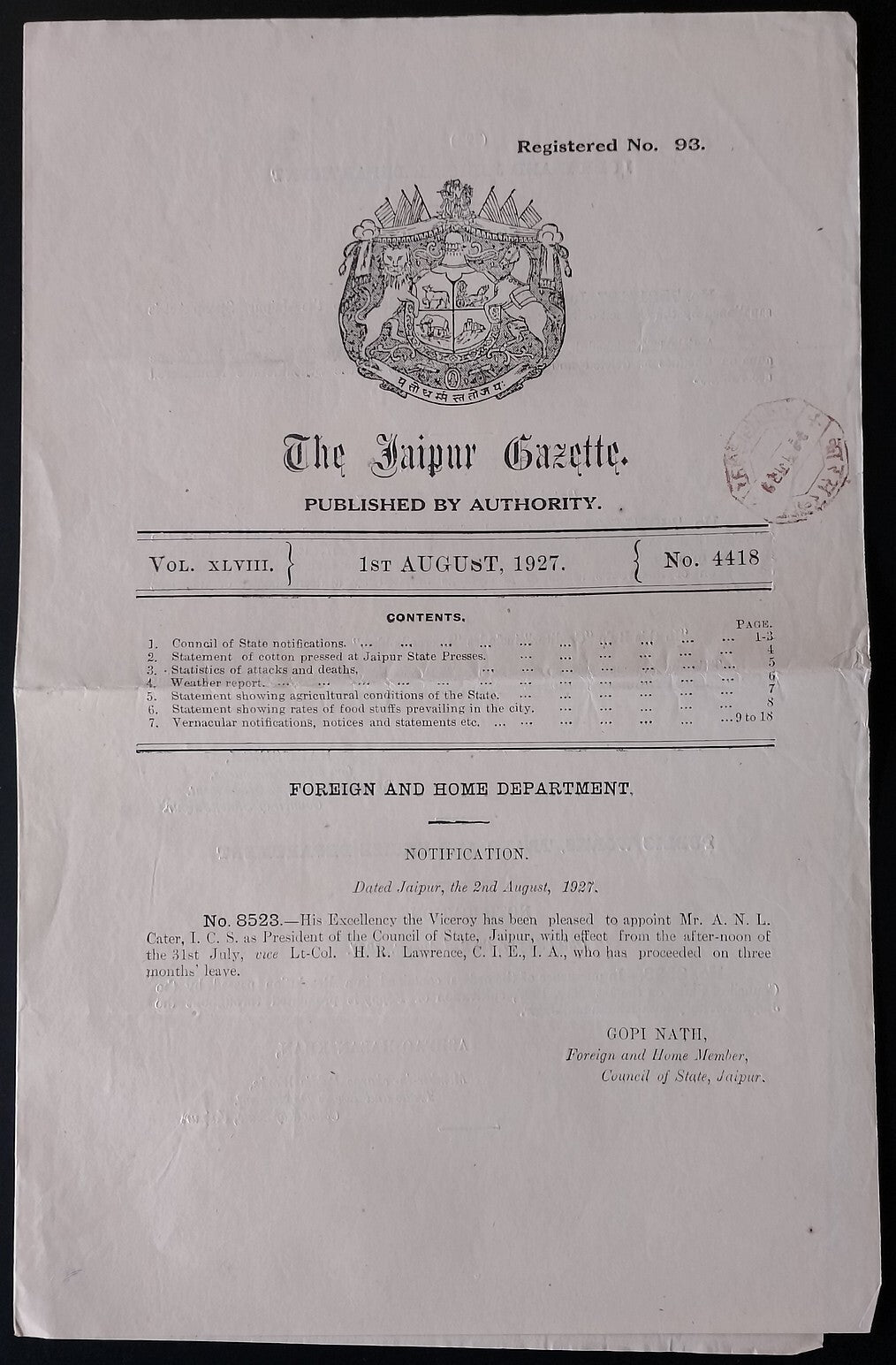 AOP India JAIPUR STATE GAZETTE 1927-48 (5)